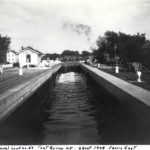 Standing on the lock gates, this view looks east toward the Erie House and the village.